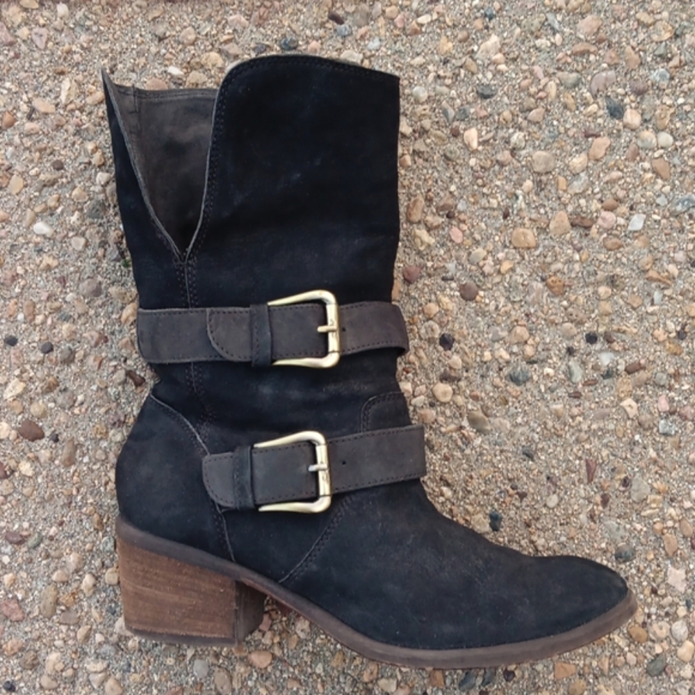 Donald J. Pliner black leather buckle foldover boots womens sz 6
